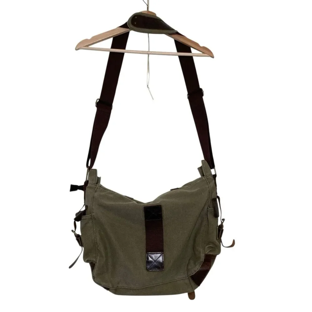 Vintage Military Leather Canvas Laptop Bag Messenger Army Green Adjustable Strap